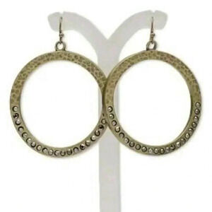 Edgy Antiqued Brass Smoke Rhinestones Hammered Round Hoop Earrings